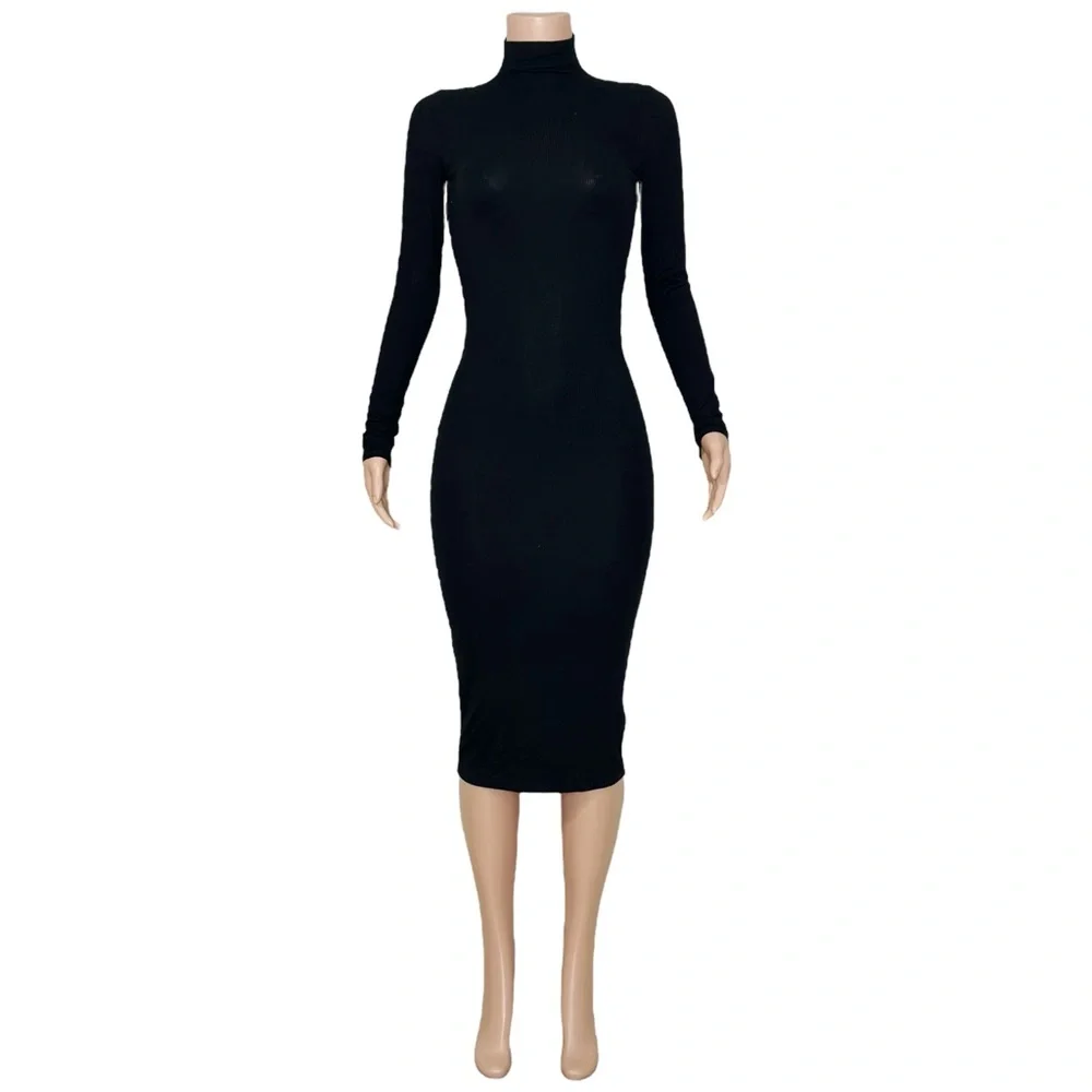 JOAH BROWN Mock Neck Midi Dress, Black Rib, XS/S